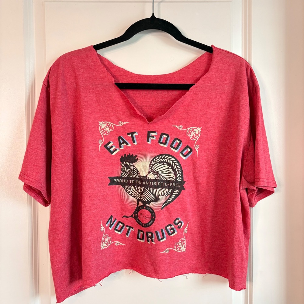 Boxcar Bettys Shirt Women L/XL Red Crop Top Hand Cut Eat Food Graphic